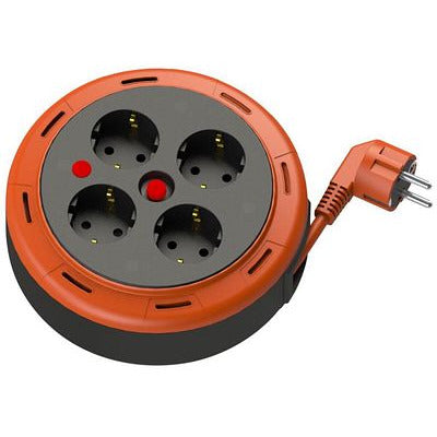 Compact cassette roll extension cord, 5m cable, 4 sockets IP20 + thermal fuse + child fuse, 3x1mm2, SCHUKO type grounding, PHE-05310-F