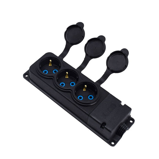 Kolminkertainen "kuminen" musta pistorasia, jossa on suojus, hermeettinen IP44 250V, 16A, SCHUKO 2P+Z, 3KMP-F, Bylion