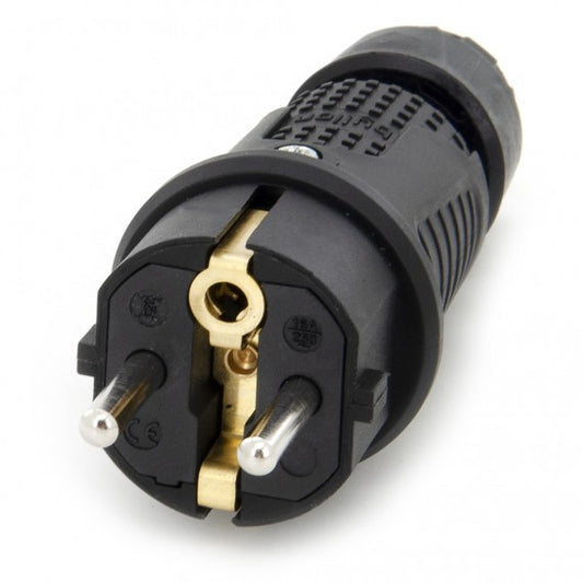 Black rubber plug IP54, 250v 16a per cable, Uni-Schuko (double earthing), 2P+E, REF, Bylion