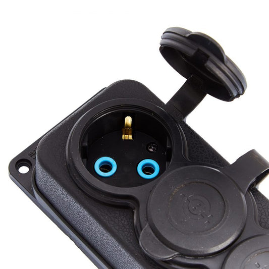 Kolminkertainen "kuminen" musta pistorasia, jossa on suojus, hermeettinen IP44 250V, 16A, SCHUKO 2P+Z, 3KMP-F, Bylion