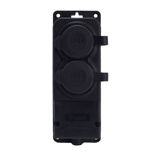 Kaksoiskumipistorasia musta hermeettinen pinta-asennettu 250V, 16A, IP44, SCHUKO 2P+Z, 2KMP-F, Bylion