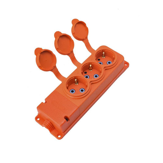 Kolminkertainen oranssi "kumi" pistorasia, jossa on suojus, hermeettinen IP44 250V, 16A, SCHUKO 2P+Z, 3KMP-F-O, Bylion