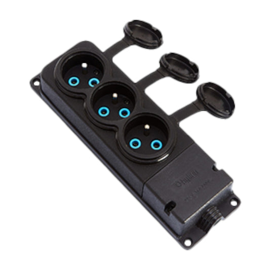 3x socket, French type E, triple "rubber" black socket with cover, hermetic IP44 250V, 16A, 2P+Z, 3KMP-E, Bylion