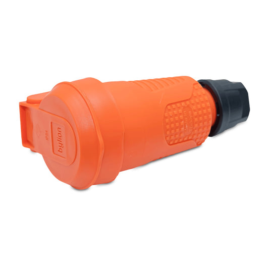 Oranssi hermeettinen kumipistorasia IP54 läpällä 2P+Z 16A 250V SCHUKO RDP-O-F Bylion