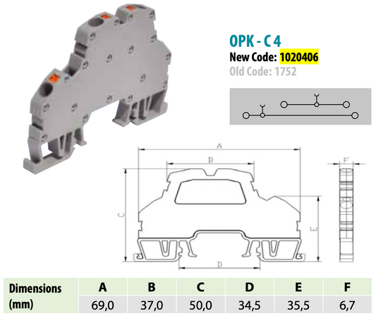 ONKA 4mm2, 2-layer spring-loaded connector DIN rail connector 4-wire gray, 1020406
