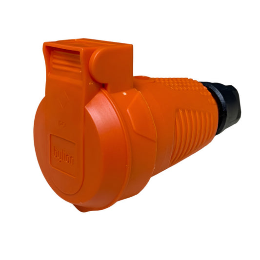 Oranssi hermeettinen kumipistorasia IP54 läpällä 2P+Z 16A 250V SCHUKO RDP-O-F Bylion