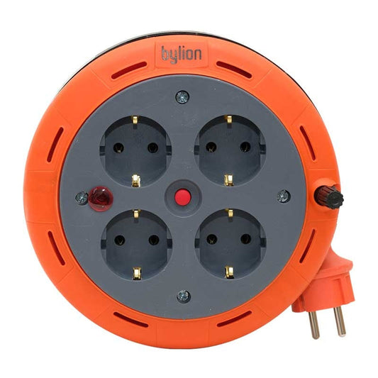 Compact cassette roll extension cord, 5m cable, 4 sockets IP20 + thermal fuse + child fuse, 3x1mm2, SCHUKO type grounding, PHE-05310-F