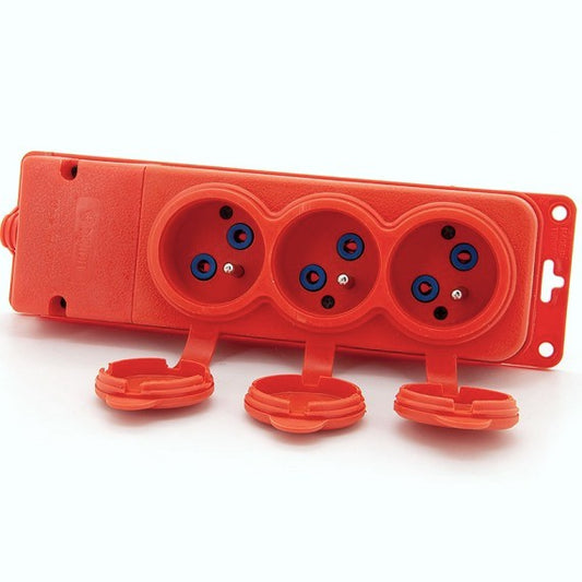 3x socket, French E-type, triple orange "rubber" socket with cover, hermetic IP44 250V, 16A, 2P+Z, 3KMP-EO, Bylion