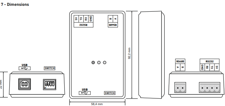 Modbus interface converter RS485-RS232 to PC via USB.