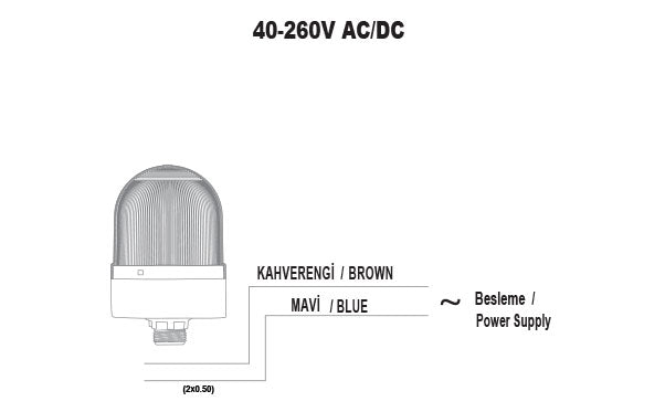 Flashing ø70 NUT.CONN.SIGNAL BEACON WITH BUZZ., 40-250V AC/DC., BLUE with 20cm EXT.TUBE
