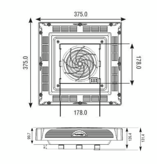 Ceiling fan, switchable fan, 560m3/h, 230VAC, 364x364x107mm, IP54, PTS5500