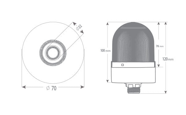 Vilkkuva ø70 NUT.CONN.SIGNAL BEACON WITH BUZZ., 40-250V AC/DC., SININEN 10cm EXT.TUBE:lla