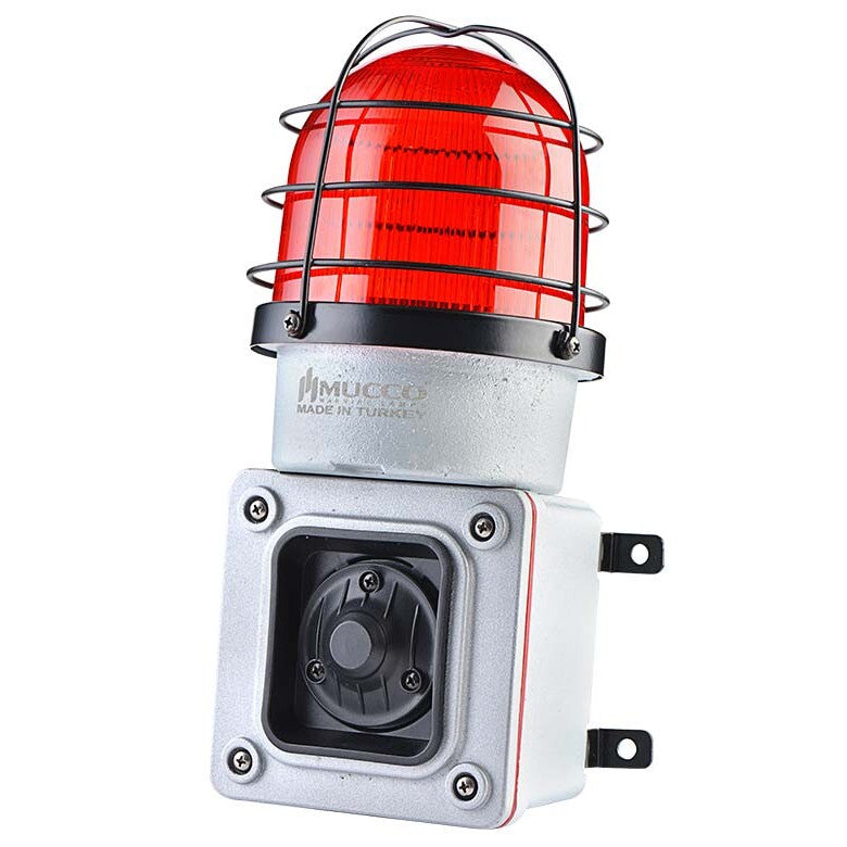 Heavy duty die-cast metal siren with LED strobe in a cage.