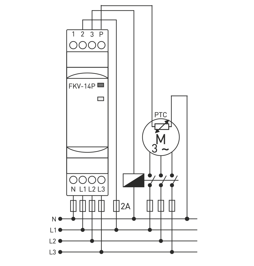 Three-phase monitoring relay with PTC control for phase tripping/asymmetry/sequence